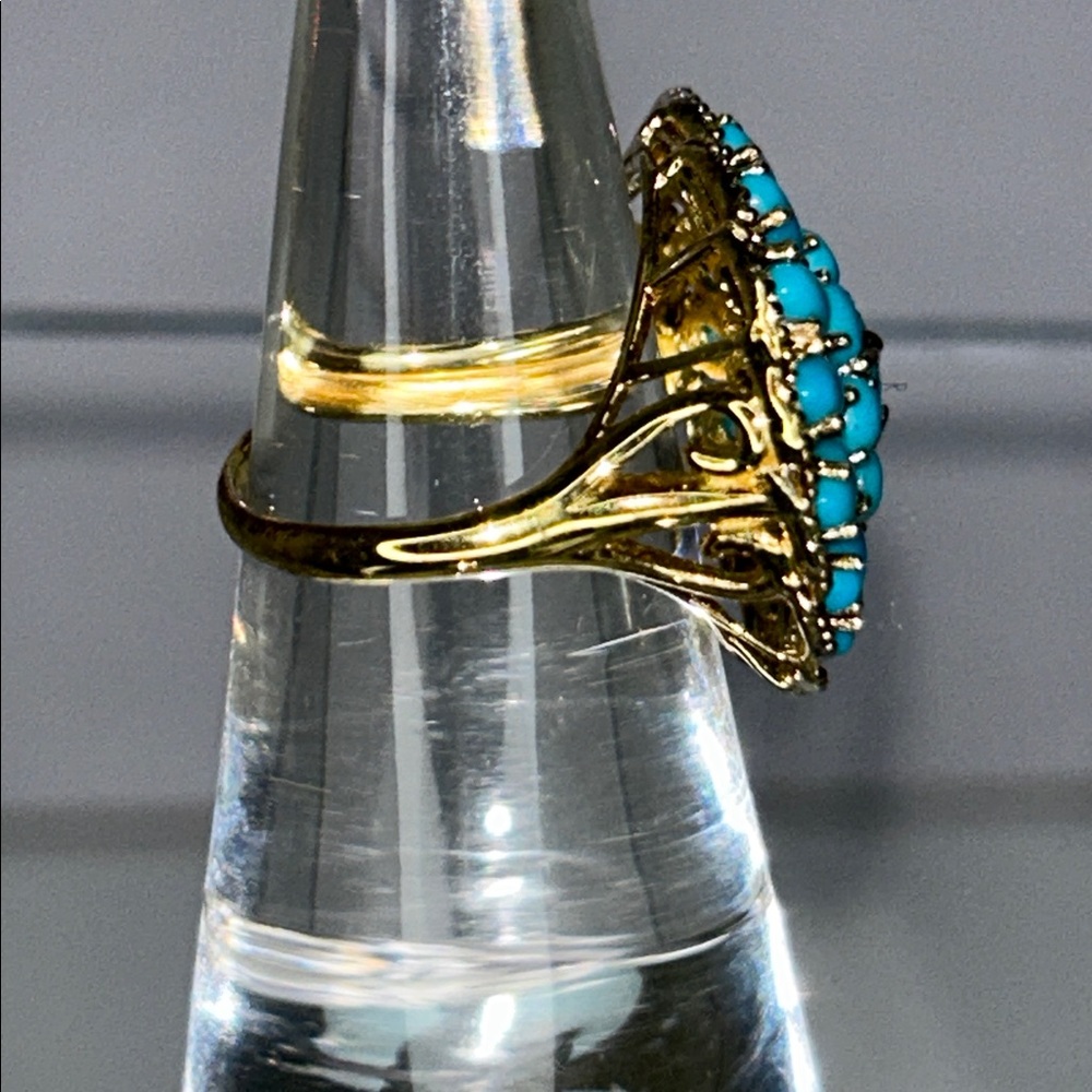 NWOT Genuine Turquoise Gemstone Gold Plated Sterling Silver Designer Ring Boho - Picture 2 of 9